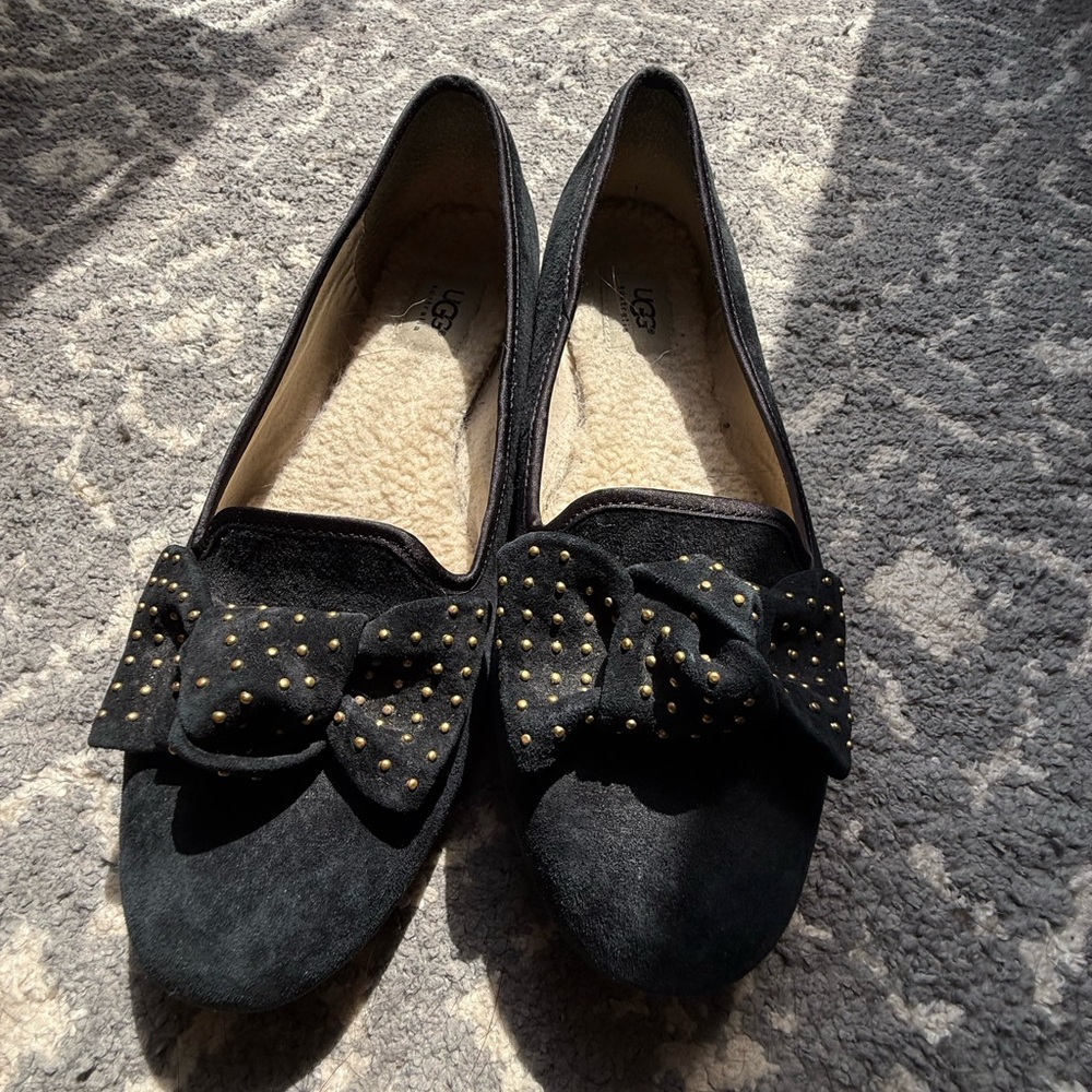 UGG Black Alloway Studded Bow Fur Lined Flat